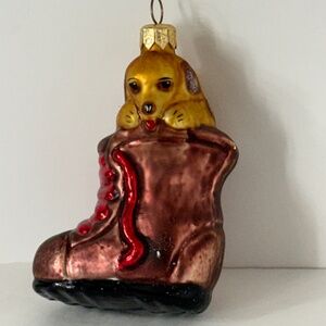 Christopher Radko Handmade Blown Glass Christmas Ornament Dog in Boot